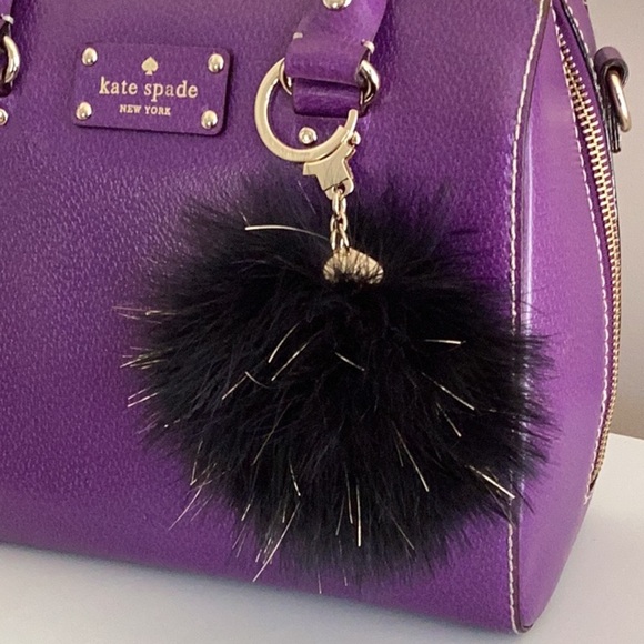 Kate Spade Black Fluffy Feather  Pom Keychain Fob Gold Tinsel Sparkle Bag Decor - Picture 1 of 5